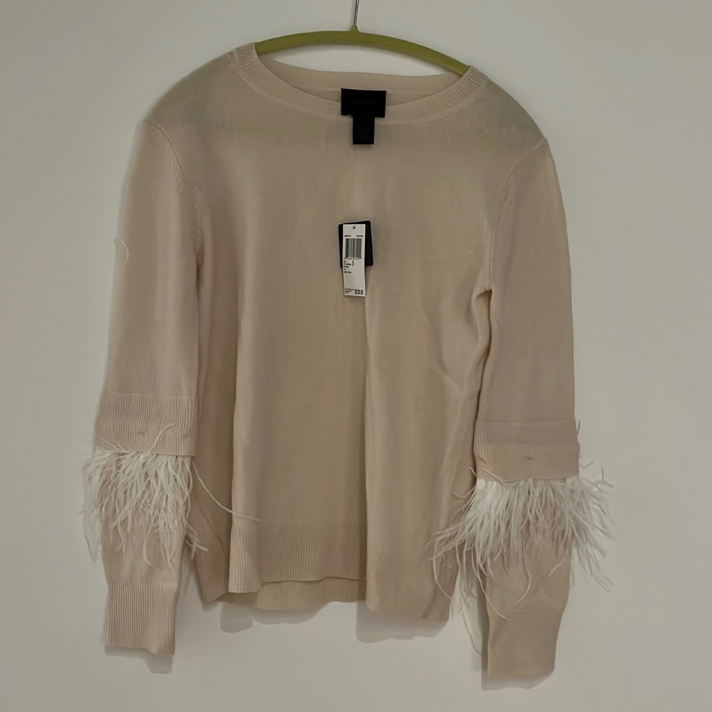 New Magaschoni Cream Cashmere/Wool Sweater W Removable Ostrich Weathers Size S